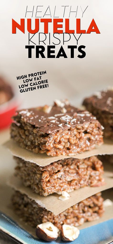 Healthy Nutella Krispy Treats recipe -- chewy, crunchy, sweet, rich, and OH SO GOOD! (refined sugar free, high protein, gluten free) -- Healthy Dessert Recipes at Desserts with Benefits Low Calorie Nutella, High Protein Gluten Free, Chris Powell, Healthy Nutella, Cheap Lunch, High Protein Desserts, Nutella Desserts, Food Chart, Krispie Treats Recipe