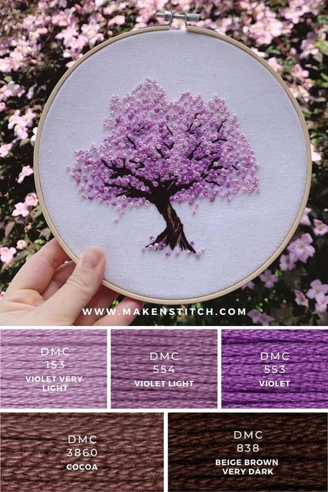 Hand Embroidery Tree Designs, Embroidery Thread Palette, Sakura Tree Embroidery, Different Cross Stitch Stitches, Embroidery Tree Design, Color Palette Embroidery, Dmc Color Palette Embroidery, Tree Embroidery Tutorial, Sakura Color Palette