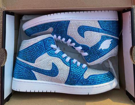 Blue Rhinestones Custom Air Jordan 1 x Wedding Sneakers - – fashionupstore1 Bling Air Force 1, Custom Air Jordan 1, Bedazzled Shoes, Wedding Sneakers, Preppy Shoes, Custom Air Force 1, Cute Nike Shoes, Cute Sneakers, Air Jordan Sneakers