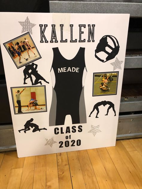 Senior Poster Board Ideas Wrestling, Senior Wrestling Posters, Wrestling Senior Night Posters, Senior Night Gift Ideas Wrestling, Senior Night Posters Wrestling, Wrestling Senior Night Gifts, Wrestling Graduation Party Ideas, Wrestling Locker Decorations, Senior Night Wrestling Ideas