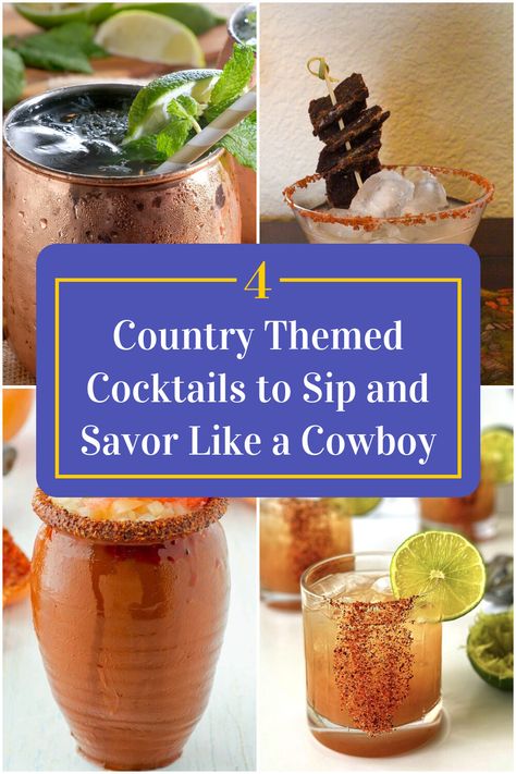 Collage of 4 country themed cocktails. Cowboy Drinks Alcohol, Mocktail Names, Pregame Drinks, Country Themed Parties, Night In With Friends, Themed Cocktails, Drink Recipies, Good Drinks, Whiskey Recipes