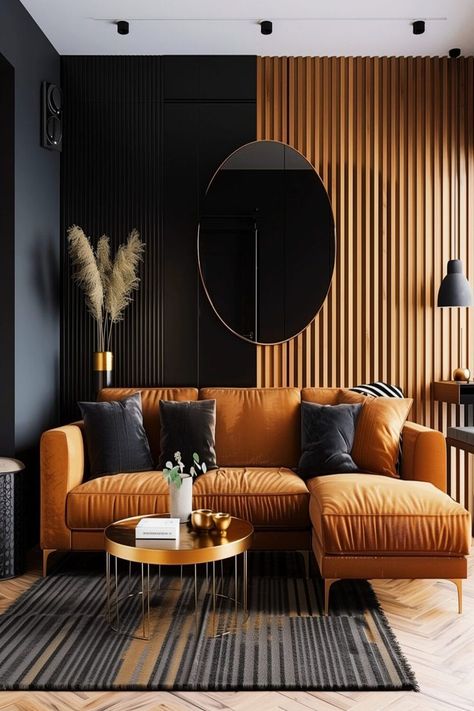 Modern living room with a brown sofa, wooden paneling, and chic black accents, embodying sophistication. Black Brown Living Room Ideas, Black Brown Living Room, Living Room Ideas Contemporary, Room Ideas Contemporary, Brown Living Room Ideas, Brown Accent Wall, Modern Home Office Furniture, Classy Living Room, Living Room Orange