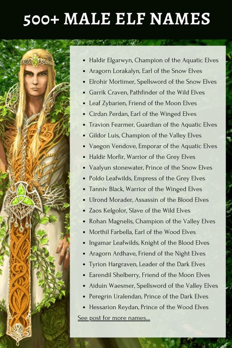 Over 500 male elf names to use in your stories. This male elf name generator includes first names, last names, titles and elf groupings. Elf Names Female, High Elf Names, Half Elf Names, Wood Elf Names, Female Elf Names, Dark Fantasy Names, Dark Elf Names, Male Elf Names, Fantasy Names Male