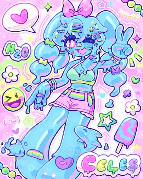 Cute Cartoonish Art Style, Loose Art Styles, Bright Art Style, Slime Girl Oc, Slime Girl Character Design, 2020 Art Style, Composition Ideas Drawing, Slime Girl Art, Character Design Ideas Inspiration