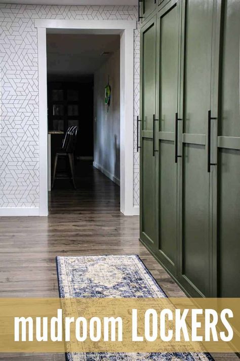 Building DIY mudroom storage lockers with doors is a great way to add more built in storage to your home. Love the modern farmhouse style of these! #lockers #farmhouse #buildin #storageideas Utility Built In Storage, Mudroom Cubbies With Doors, Garage Locker Storage, Mudroom In Kitchen, Mudroom With Cabinets, Diy Mudroom Lockers With Doors, Diy Mudroom Storage, Cubbies With Doors, Mudroom Lockers With Doors