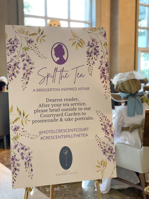 Bridgerton Tea at Hotel Crescent Court - The Rose Table Bridgertons Decor, Bridgerton Tea Party Decor Ideas, Brigerton Bachelorette, Bridgerton Welcome Sign, Bridgerton High Tea Party, Brigerton Party Decoration, Bridgerton Girls Night, Bridgestone Party Ideas, Bridgerton Ball Theme Party