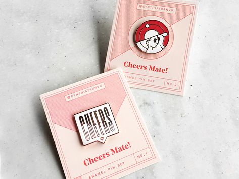 Cheers Mate! Enamel Pin Set by Cynthia Tran Vo on Dribbble Pin Backing Card Design, Backing Card Design, Pin Backing Card, Pin Packaging, Unique Apps, Pr Kit, Enamel Pin Display, Sensory Art, Merch Design