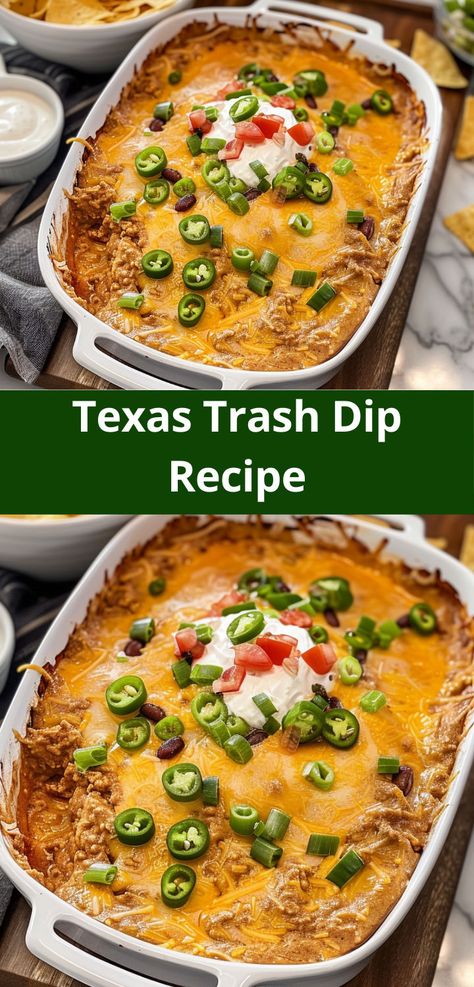 Spicy, cheesy Texas Trash Dip is a hit at every party. Simple, delicious, and easy to prepare! Trash Dip Recipe, Texas Trash Dip, Texas Trash, Mexican Dips, Spicy Dip, Crowd Pleasing Appetizers, Spicy Salsa, Dip Recipes Easy, Dip Recipe