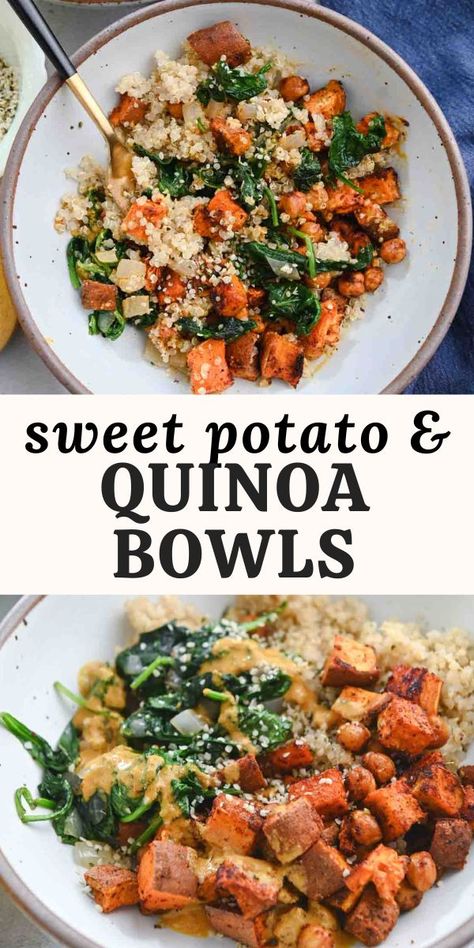 Chickpea, sweet potato and quinoa bowls are perfect for meal prep and make ahead lunches. They feature seasoned roasted sweet potatoes, two sources of plant-based protein, and a zesty lemon-almond sauce. This recipe is vegan & gluten-free. Essen, Sweet Potato And Quinoa, Chickpea Sweet Potato, Sweet Potato Bowls, Quinoa Sweet Potato, Quinoa Bowls, Healthy Bowls Recipes, Healthy Plant Based Recipes, Plant Based Diet Recipes