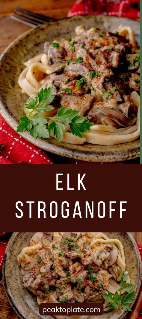 Elk stroganoff blends the rich, robust taste of elk meat with a luxuriously creamy sauce, delivering a dish with great flavor that's both hearty and satisfying. The savory sour cream sauce infused with mushrooms and onions has great flavor and perfectly complements the tender elk meat. This gourmet twist on a classic comfort food is the perfect recipe for lean elk roasts! Elk Stroganoff, Elk Meat Recipes, Elk Steak, Moose Meat, Elk Meat, Elk Recipes, Venison Roast, Moose Meat Recipes, Mushrooms And Onions