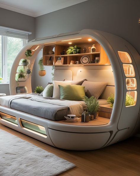 Some futuristic bed design 🛌 They look cool as well as being multifunctional! Check out icreatived.com 💻 📹 @designideahub on ig Futuristic Bedroom Ideas, Futuristic Bed, Futuristic Bedroom, Kids Bed Design, Amazing Bedroom Designs, Futuristic Furniture, Girl Bedroom Designs, Stylish Beds, Well Decor