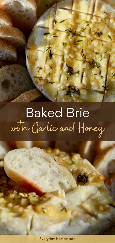 Enjoy a stress-free holiday appetizer with our Baked Brie with Garlic, honey, and thyme. In just 30 minutes, whip up this savory and sweet dish, drizzled with olive oil. It's the perfect blend of creamy, rich, and gooey—ideal for Christmas gatherings. Simple, quick, and delicious! Brie Recipes Sweet, Brie And Garlic Baked, Oven Baked Brie Cheese, French Brie Appetizer, Brie Snacks Simple, Baked Brie With Apple Butter, Sweet Baked Brie, Baked Brie With Garlic And Honey, Brie Cheese Appetizer Recipes