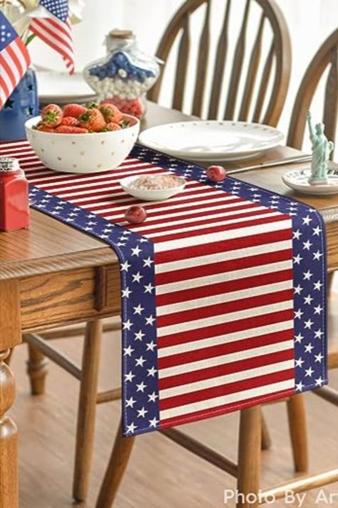 I love this table runner. Perfect to add to your tables decor. Get this ready for, labor day, memorial day, or 4th of july! Fourth Of July Table Decor, Patriotic Table Decorations, Wooden Centerpieces, Dining Table Runners, Home Party Decor, Kitchen Table Decor, Kitchen Dining Table, 4th Of July Decorations, Holiday Kitchen