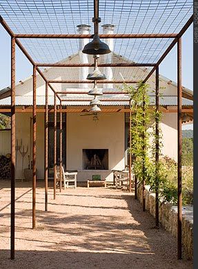 arbor.. love this- fast way to grow shade, give height and perfect for a walkway between buildings or for structure in the vegetable plot                                                                                                                                                     More Pergola Metal, Pergola Diy, Patio Pergola, Modern Pergola, Metal Pergola, Pergola Design, Garden Vines, Garden Arbor, Wooden Pergola