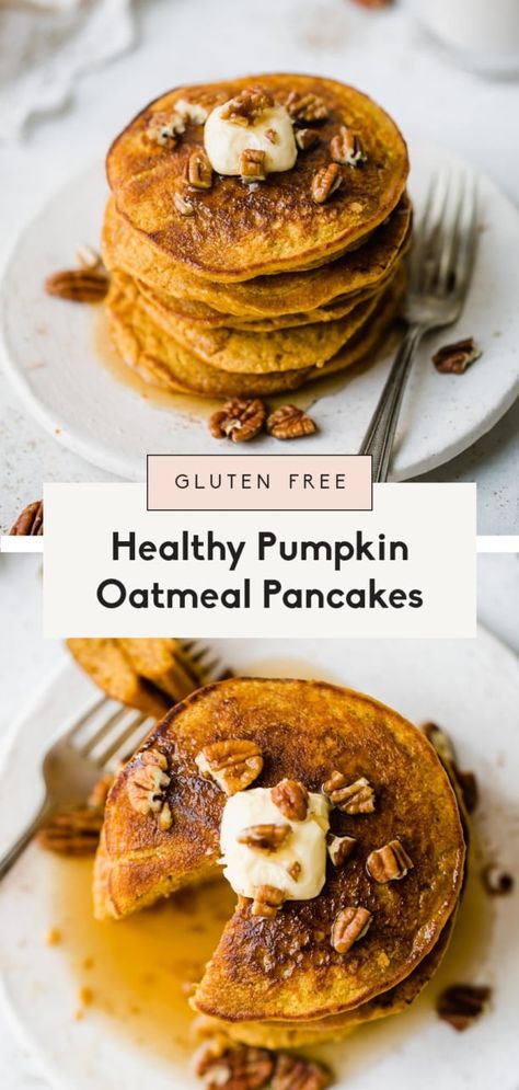 Deliciously fluffy healthy pumpkin oatmeal pancakes made with pumpkin puree, oats, pumpkin pie spices and naturally sweetened with a touch of pure maple syrup. This perfect, healthy pumpkin pancake recipe is gluten free and can be made right in your blender! #pumpkin #pancakes #glutenfree #healthybreakfast #glutenfreebreakfast #pumpkinrecipe Pumpkin Puree Recipes Healthy, Healthy Pumpkin Oatmeal, Pumpkin Oatmeal Pancakes, Pumpkin Pancake, Gluten Free Pumpkin Recipes, Oatmeal Pancakes Recipe, Pumpkin Puree Recipes, Pumpkin Pancake Recipe, Pumpkin Oats