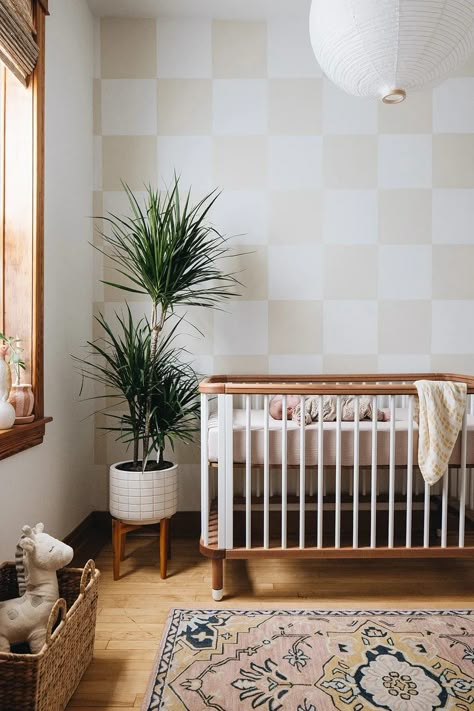 Nursery With Windows On Two Walls, High End Nursery, Sherpa Nursery, Nursery 2023, Earthy Nursery, Nursery Accents, Nursery Accent Wall, Nursery Dresser, Baby Room Inspiration