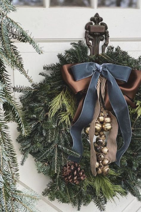 West Elm Christmas Decor, Christmas Inspo 2023, Grandpa Chic Christmas, Moody Christmas Wreath, Green Black Brown Christmas Decor, Moody Holiday Decor, Large Outdoor Wreath On House, Pottery Barn Christmas Decor Inspiration, Black And Brown Christmas Decor