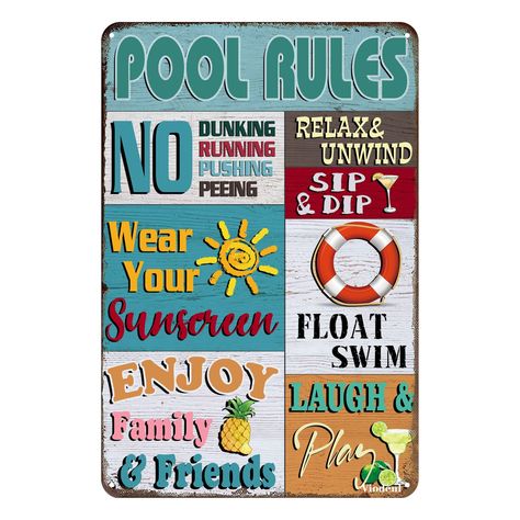 PRICES MAY VARY. Pool Rules Sign - Perfect decor for swimming pools! Add a splash of wall art pool decor to your swimming area this season.Funny pool rules signs.Metal sign dimensions are 12x8 Inch FEATURES:Tin signs are printed by waterproof and non-glare high-definition digital printing ink.The graphics and wordings of the sign will withstand the elements and will not fade over the years.No matter the sun, rain, or other extreme weather. Easy To Hang: This Lightweight Metal Tin Sign Comes With Pool Rules Sign, Vintage Pool, Pool Rules, Patio Wall, Pool Patio, Vintage Metal, Wall Decoration, Swimming Pool, Tin