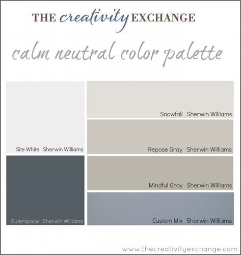 Calm, peaceful, warm blue/gray paint color palette for a room (all by Sherwin Williams): walls - Repose Gray, cabinets and desk in Mindful Gray, ceiling - Snowfall, accent colors in accessories, art, and Ikea couch - Outerspace, other accent pieces - Site White Dental Decor, Counselling Office, Counseling Room, Chiro Office, Dr Office, Office Redo, Optometry Office, Office Paint Colors, Interior Paint Colors Schemes