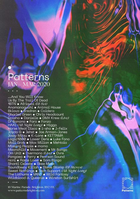 Patterns nightclub posters, Brighton - Fonts In Use Techno Poster, Electronic Music Poster, Club Posters, Club Nightclub, The Weeknd Poster, Nightclub Design, Profit And Loss Statement, Club Poster, The Driver Era