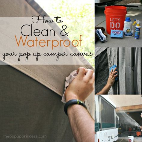 Good tips for cleaning and waterproofing the canvas on your pop up camper. Tent Trailer Remodel, Pop Up Princess, Popup Camper Remodel, Pop Up Tent Trailer, Camper Maintenance, Clean Hacks, Pop Up Trailer, Camper Hacks, Tent Campers