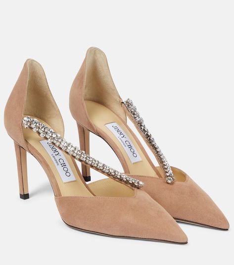 Bee 85 embellished suede pumps in pink - Jimmy Choo | Mytheresa Jimmy Choo Heels, Ballet Pink, Pink Pumps, Jimmy Choo Shoes, Suede Pumps, Brown Beige, High Heel Pumps, Soft Suede, Pump Shoes