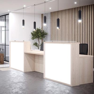 Light Reception Counter Medical Reception Desk Design, Reception Lighting Design, Medical Reception Desk, Reception Desk Lighting, Front Desk Hotel, Front Desk Design, Feature Lighting, Ceo Office, Reception Desk Office