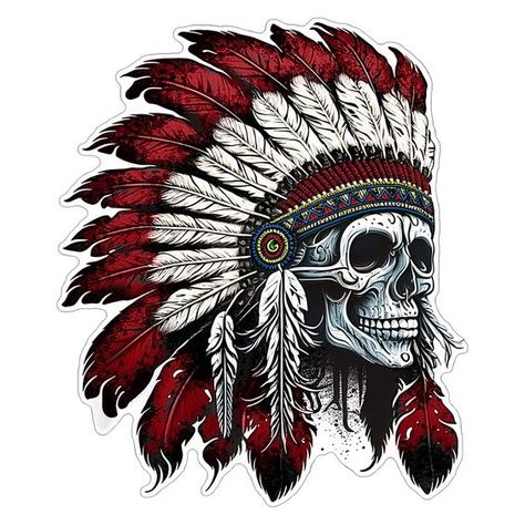 PRICES MAY VARY. Size: 4" Tall Placed on the outside surface. Adhesive on back. Printed on outdoor Weatherproof Gloss Vinyl Decal Material. Laminated with UV Shield for extra protection Easy to Apply; Peel and Stick on a smooth, clean surface Proudly Made in the USA This Indian Skull Chief Headdress sticker, made in the USA, features a bold and striking design of a traditional Native American chief skull wearing a headdress made out of feathers. The intricate details and bold colors make this st Native American Chief Headdress, Indian Skull Drawing, Skull Headdress, Chief Headdress, Chiefs Headdress, Indian Skull, Native American Chief, Indian Headdress, Skull Drawing