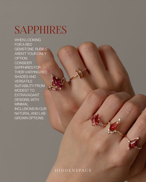 So which 𝑹𝑬𝑫 are you? Catch the details on our blog. #hiddenspace #finejewelry #uniqueengagementring #redring #rubyring #sapphirering #saltandpepperdiamondring #diamondalternative #redaesthetic #reddress #wine #redlips Red Sapphire, Accesories Jewelry, Pretty Rocks, Diamond Alternatives, Dream Engagement, Dream Engagement Rings, Red Gemstones, July 3, Pretty Rings