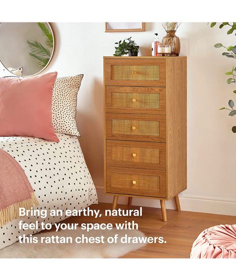 BOHEMIAN LOOK: With intricate rattan weave detailing, your BTFY rattan chest of drawers will add that natural feel to your space. Spread the boho love with the rest of our Rattan bedroom collection. LUXE FINISHING TOUCHES: Complementing the dresser’s charming Scandi style, delicate brushed brass handles add an opulent touch, with smooth metal runners ensuring that your goods stay secure. SPACIOUS STORAGE! #ad Drawer Clothes, Rattan Bedroom, Cabinet For Bedroom, Clothes Cabinet, Tall Chest Of Drawers, Earthy Decor, Space Saving Bathroom, Wicker Bedroom, Bedroom Chest Of Drawers