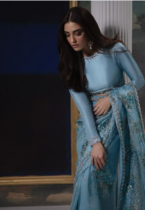 Maya ali latest and beautiful pics Dusty Blue Saree, Aesthetic Sarees, Dratini Pokemon, Reception Saree, Facial Kit, Saree Wearing Styles, Indian Sari Dress, Maya Ali, Blue Organza