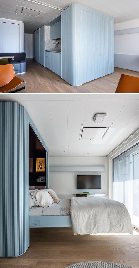 Murphy Bed Modern Design, Chic Murphy Bed, Compact Apartment Design, Micro Apartment Ideas, Bedroom Murphy Bed, Modern Murphy Bed, Wall Bed Designs, Hidden Wall Bed, Simple Bed Designs