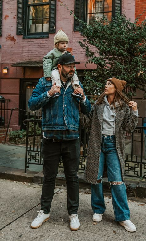 West Village family photo session Cool Family Photo Outfits, Main Street Family Photos, Family Photo Outfits Casual Fall, Brooklyn Family Photoshoot, Downtown Family Session, Cool Family Photos, Non Traditional Family Photos, Family City Photoshoot, Edgy Family Photos