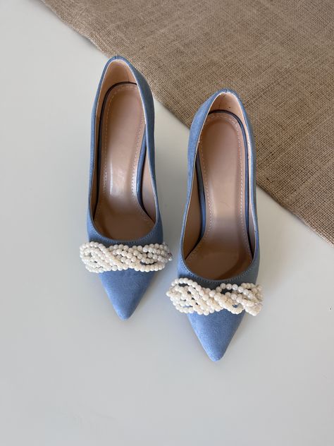 Blue Bride Shoes, Bridal Shoes Blue, Blue Block Heels, Wedding Shoes For Bride, Blue Bridal Shoes, Pearl Wedding Shoes, Shoes For Bride, Blue Bride, Dusty Blue Wedding