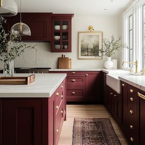 Burgundy Kitchen, Red Kitchen Cabinets, Diy Kitchens, Red Cabinets, Grey Kitchen Island, I Love Nature, Kitchen Mood Board, Kitchen Design Diy, Eclectic Kitchen