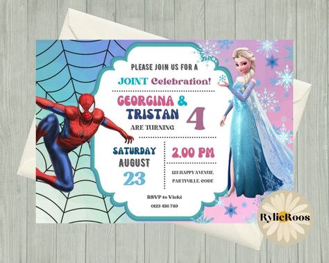 Let's Celebrate Joy: Kid's Birthday Bash Elsa And Spiderman Invitation, Elsa And Spiderman Birthday Party, Twins Birthday Invitation Card, Spiderman And Frozen Birthday Party, Frozen And Spiderman Party, Birthday Invitation Spiderman, Elsa And Spiderman, Baby Handprint Crafts, Double Birthday Parties