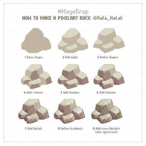 MAGE on X: "Today’s #magedrop: how to pixel art a rock #tutorial ✨ #pixelart #gamedev https://t.co/VZlnjftVp6" / X Rock Art Tutorial, Pixel Art Practice, Pixel Art How To, How To Draw A Rock, Pixel Art Guide, Pixel Art Step By Step, How To Make Pixel Art, Pixel Objects, Pixel Nature