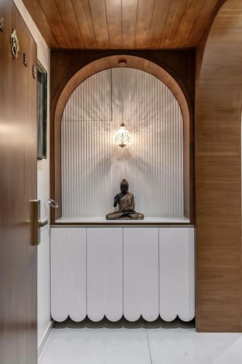 House With Curved Surface Envision A Sanctuary Devoid of Sharp Edges | K Studio Designs Entry Paneling, Curved Entrance, Pooja Cabinet, Entrance Design Ideas, Temple Ideas, K Studio, Lobby Interior Design, Mandir Design, Temple Design For Home