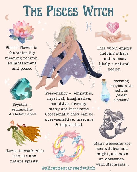 Alice Kendall | PISCES WITCH ♓️ Next in my series of Zodiac Witches, now it’s time for the Pisces Witch… Pisces sun, moon and rising people can you… | Instagram Pisces Witch, Pisces Flower, Pisces Friend, Sun Moon And Rising, Pisces Sun, Witch Rituals, Witch Spirituality, Magic Herbs, Tarot Tips