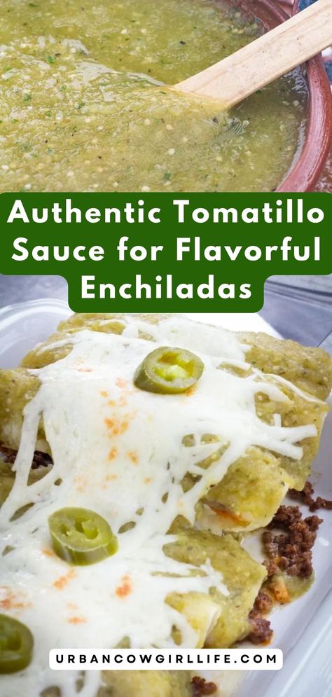 Uncover the secrets of traditional Mexican cooking with this easy-to-follow tomatillo sauce recipe, guaranteed to impress. | green enchilada sauce, enchilada sauce, authentic enchilada sauce, enchilada recipe, easy dinner recipes | Recipes That Use Tomatillos, How To Make Enchiladas Sauce, Roasted Tomatillo Salsa Verde Chicken Enchiladas, Canned Green Enchilada Sauce Recipe, Green Tomatillo Enchilada Sauce, Tomatillo Chicken Enchiladas, Mexico Recipes Authentic, Roasted Tomatillo Sauce, Verde Sauce Enchilada