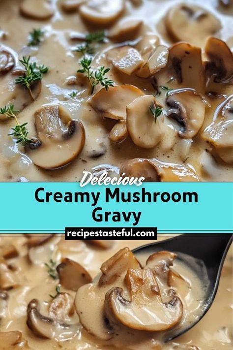 This Creamy Mushroom Gravy is a rich, savory sauce made with sautéed mushrooms, onions, and garlic. Perfect for drizzling over mashed potatoes, meat, or vegetables, it adds a delightful touch of gourmet flavor to any meal. Mushroom Onion Gravy Recipe, Cream Of Mushroom Gravy Recipe, Mashed Potatoes And Gravy Recipe, Mushroom Gravy Recipe Easy, Mushroom Soup Gravy, Mushrooms Gravy, Veggie Gravy, Onion And Mushroom Gravy, Gravy Sauce Recipe