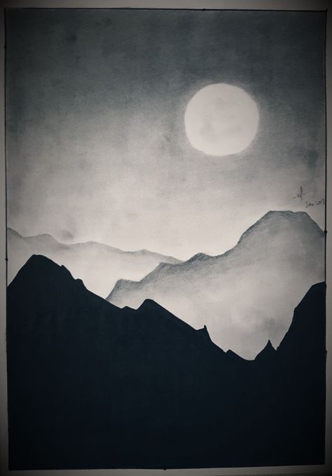 Mountain Shading, Value Drawing Ideas, Charcoal Art Easy, Grayscale Drawing, Mountain Drawing Simple, Easy Charcoal Drawings, Sunrise Drawing, Mountain Sketch, Night Drawing