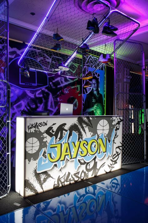 Street Ball Bar Mitzvah | Epic Events | PartySlate Graffiti Party Theme, Bar Mitzvah Decorations, Adult Slumber Party, Graffiti Party, Game Expo, Urban Party, Bat Mitzvah Themes, Event Booth Design, Bar Music