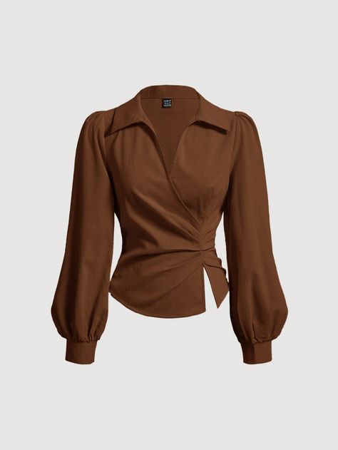 Women's Spring & Summer Solid Color Lantern Sleeve Ruched Waist Split Hem Commuter Blouse Brown Elegant  Extra-Long Sleeve Woven Fabric Plain Top Non-Stretch  Women Clothing, size features are:Bust: ,Length: ,Sleeve Length: Long Sleeves Tops For Women, Simple Shein Outfits, Baggy Tops For Women, Elegant Tops For Women, Best Tops For Large Bust, Blouse Women Outfit, Cute Shein Clothes, Pink And Beige Outfit, Elegant Tops And Blouses