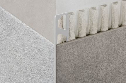 Schluter®-FINEC Schluter Tile Edge, Tiles Inspiration, Bevelled Tiles, Barn Bathroom, Tile Edge Trim, Corner Trim, Trim Options, Architectural Materials, Tile Edge