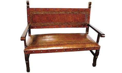 Hand carved wood and antique leather bench from Lone Star Western Decor - what a great piece for a south-western hacienda! Southwestern Chairs, Spanish Furniture, Western Bedroom Decor, Spanish Heritage, Black Forest Decor, Entry Bench, Mediterranean Home Decor, Spanish Style Homes, Mediterranean Home