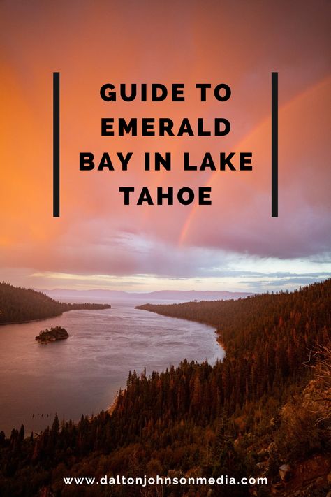 A double rainbow during a fire-red sunset over Lake Tahoe’s Emerald Bay. Mountain Backdrop, Emerald Bay, California Vacation, Beautiful Mountains, Lake Tahoe, Brilliant Colors, Where To Go, Oasis, Emerald