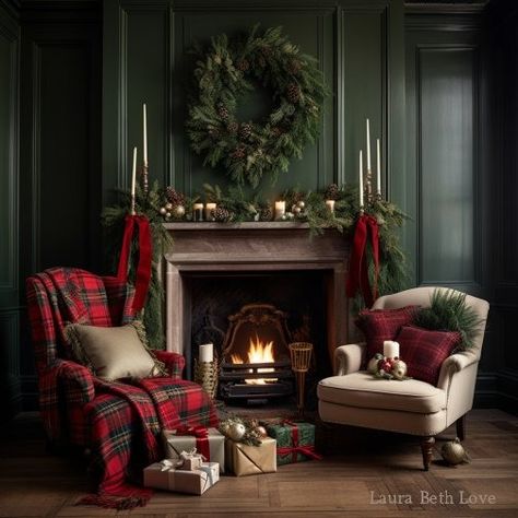 Dishfunctional Designs: Decorating With Christmas Tartans & Plaids For The Holidays Christmas By The Fireplace, Ralph Lauren Inspired Christmas Decor, Heritage Christmas Decor, Ralph Lauren Ski Lodge, Scottish Christmas Aesthetic, Ralph Lauren Christmas Decor Holidays, Black Watch Plaid Christmas, Ralph Lauren Christmas Aesthetic, Red Plaid Christmas Decor