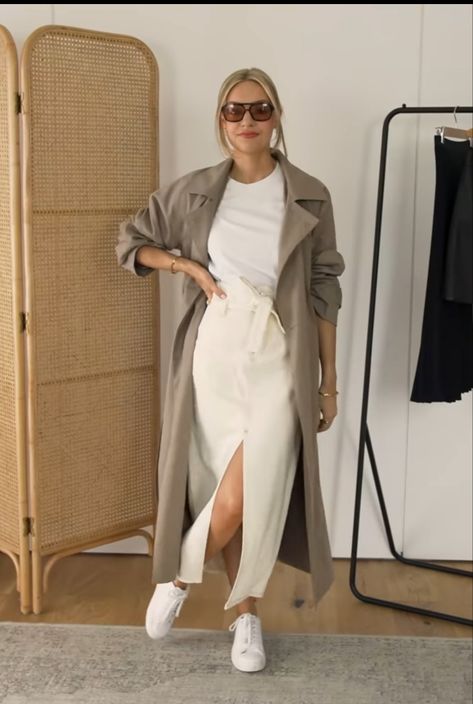 Cream Denim Maxi Skirt Outfit, Beige Denim Skirt Outfit, White Khaki Outfit, Taupe Top Outfit, Cream Denim Skirt Outfit, White Denim Skirt Outfit, Denim Skirt Outfit Winter, Denim Maxi Skirt Outfit, Grey Blazer Outfit