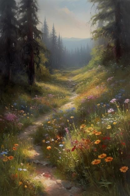 Forest With Flowers, Flowers In The Forest, A Field Of Flowers, Forest Scenery, Field Of Flowers, Beautiful Art Pictures, Landscape Art Painting, Beautiful Forest, Painting Art Projects